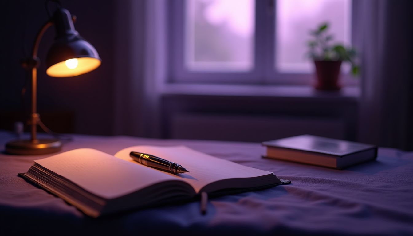 Open journal and pen on a linen desk in a dim lavender study — anxiety and overthinking guidance