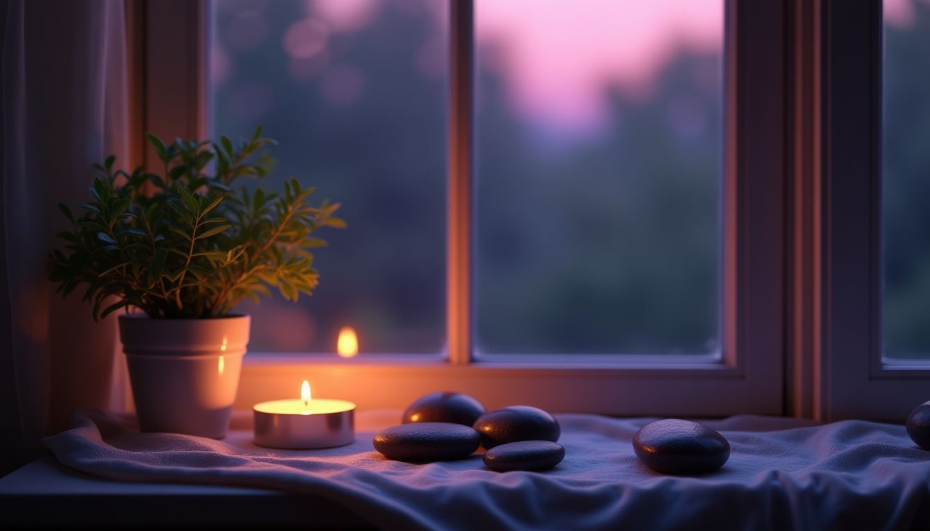 Candle, green plant and smooth stones on a windowsill in violet evening light — self-care guidance